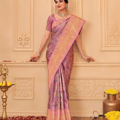 Lavender Handloom Kanchipuram Silk Saree With Meena Bird Zari Motifs