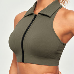 Ribbed Full Zip Padded Tank Top - Olive Green