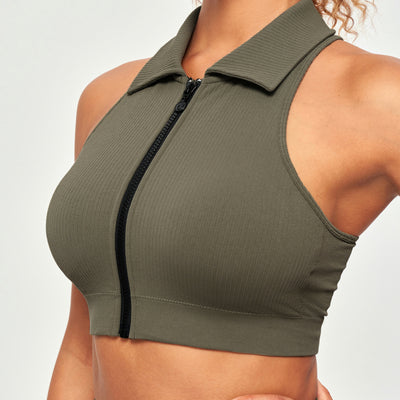 Ribbed Full Zip Padded Tank Top - Olive Green