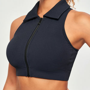 Ribbed Full Zip Padded Tank Top - Black