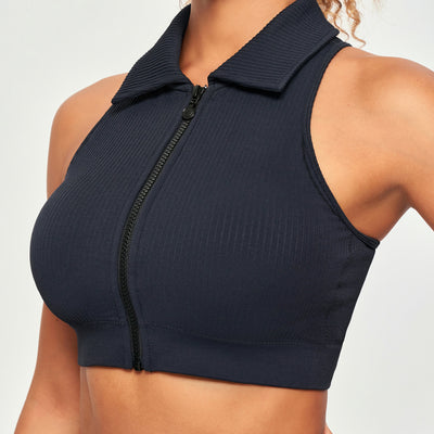 Ribbed Full Zip Padded Tank Top - Black