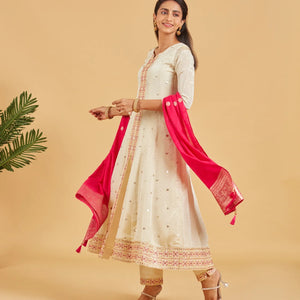 Cream Anarkali Suit With Contrast Fuchsia Pink Dupatta