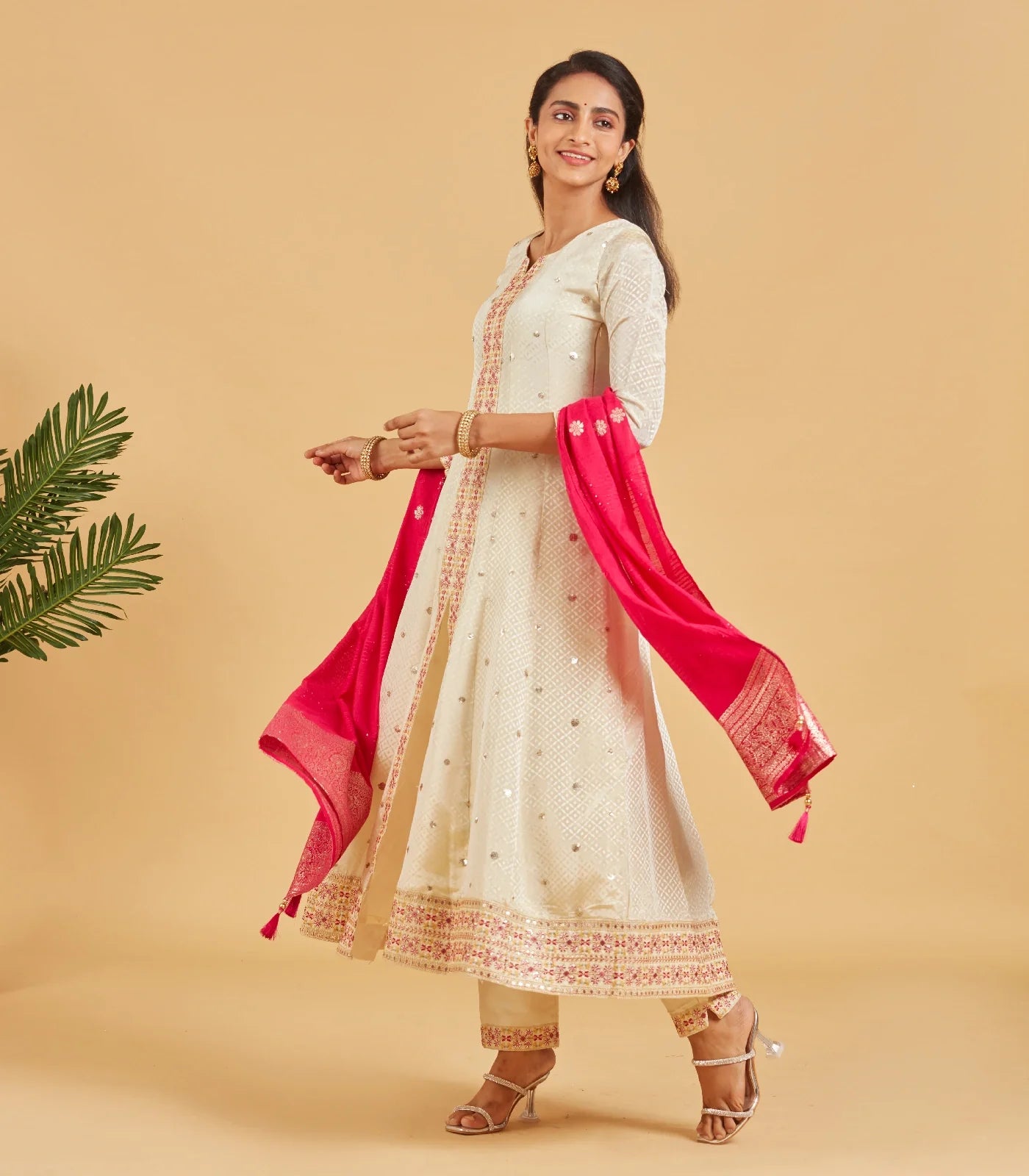 Cream Anarkali Suit With Contrast Fuchsia Pink Dupatta