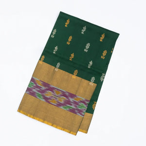 Dark Green Uppada Silk Saree With Floral Buttas & Tie & Dye Border