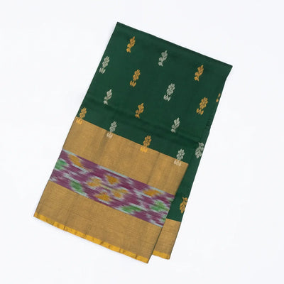 Dark Green Uppada Silk Saree With Floral Buttas & Tie & Dye Border