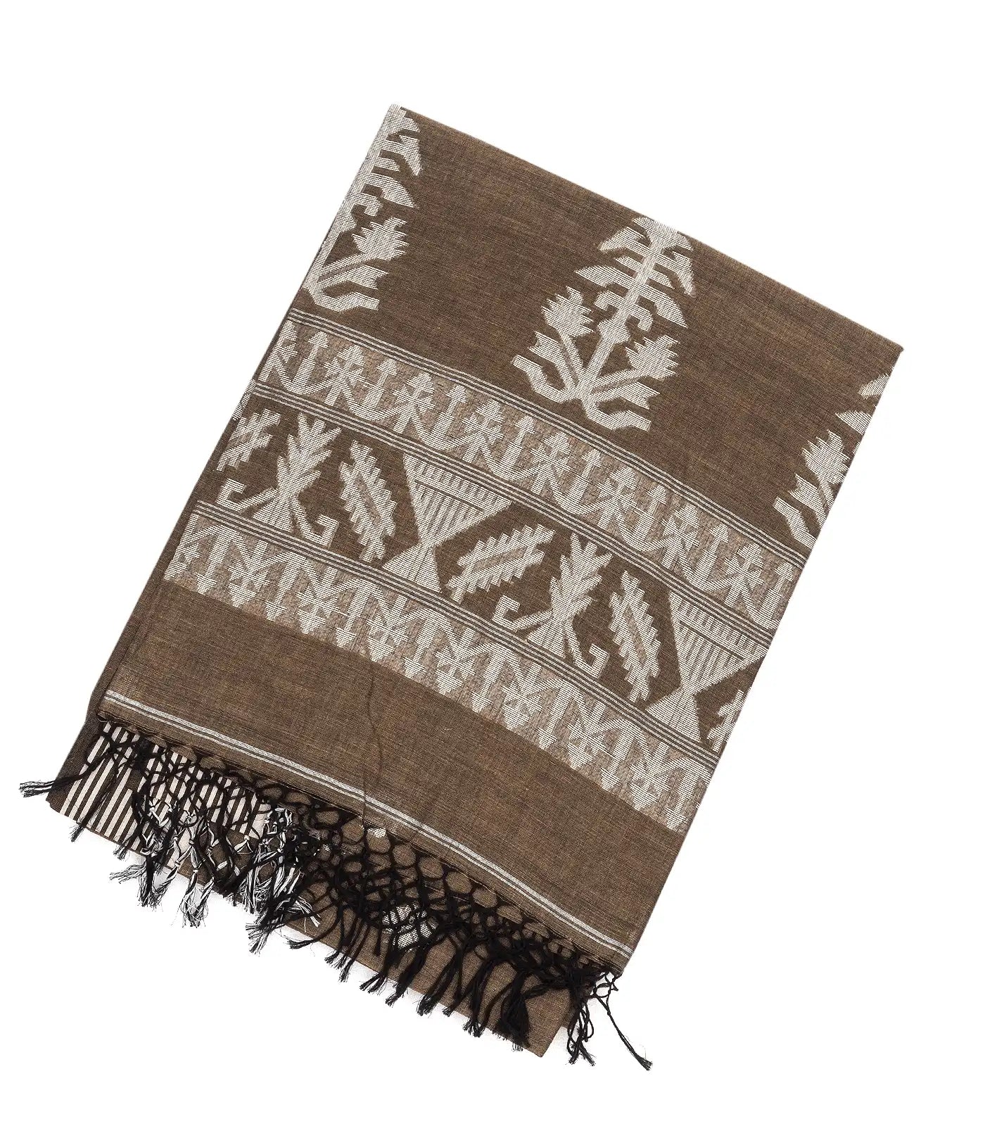 Dark Olive Handloom Bengal Cotton Saree With Floral Motifs