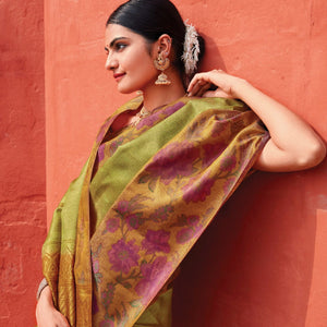 Cardamom Green Handloom Kanchipuram Silk Saree With Floral Border