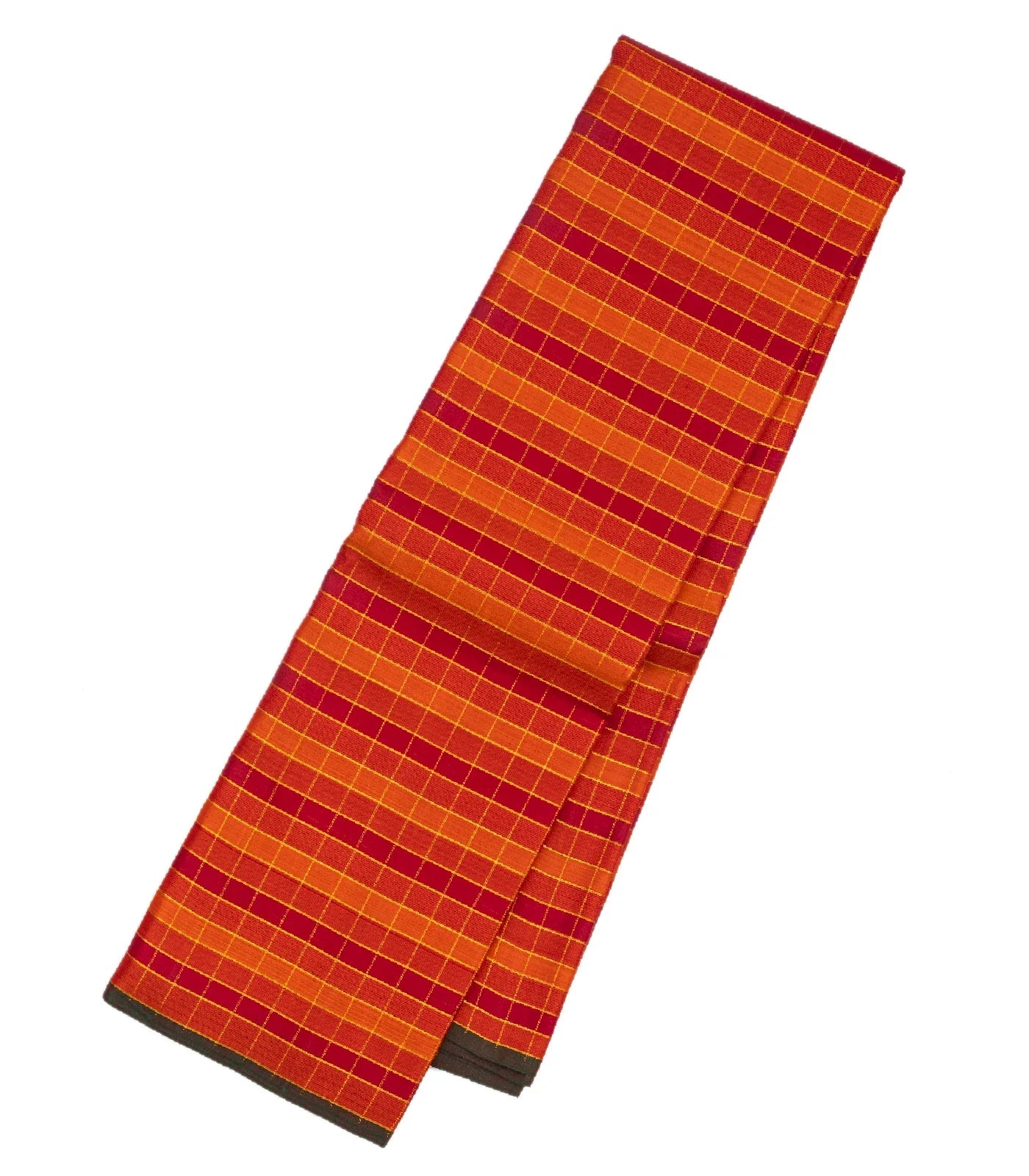 Red & Orange Handloom Kanchipuram Silk Saree With Checks