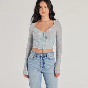 Charming Flocked Floral Mesh Long Sleeve Corset Top