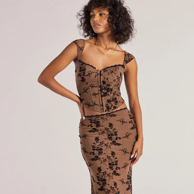 Romantic Aura Flocked Floral Mesh Bustier Top