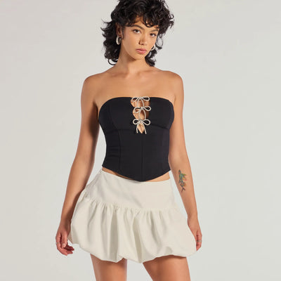 Adorable Glam Rhinestone Bow Cutout Corset Top