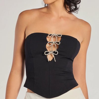 Adorable Glam Rhinestone Bow Cutout Corset Top