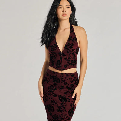 Luxe Wonder Flocked Velvet Floral Halter Top