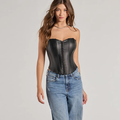 Level Up Sleek Faux Leather Strapless Corset Top
