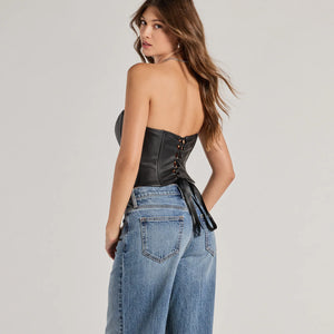 Level Up Sleek Faux Leather Strapless Corset Top