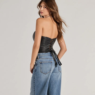 Level Up Sleek Faux Leather Strapless Corset Top