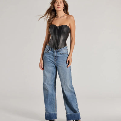 Level Up Sleek Faux Leather Strapless Corset Top