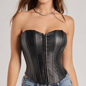 Level Up Sleek Faux Leather Strapless Corset Top