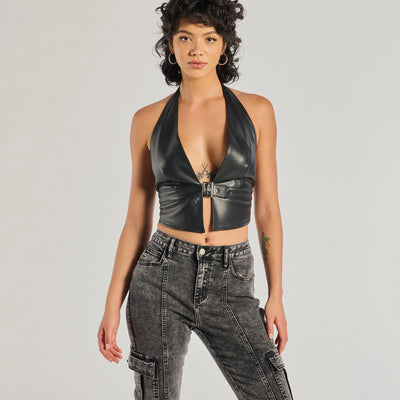 Sultry Muse Buckle Strap Faux Leather Crop Top
