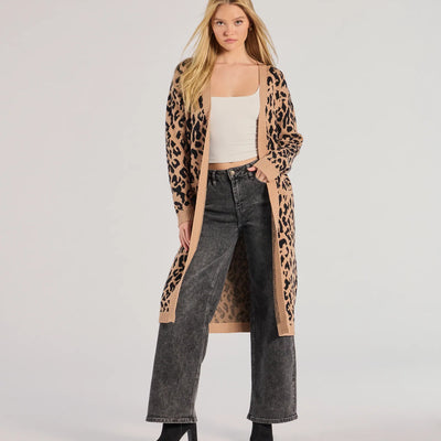 Fierce Vibes Leopard Print Long Sleeve Knit Duster