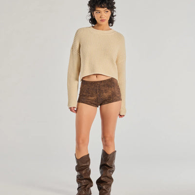 Coziest Style Waffle Knit Crew Neck Sweater