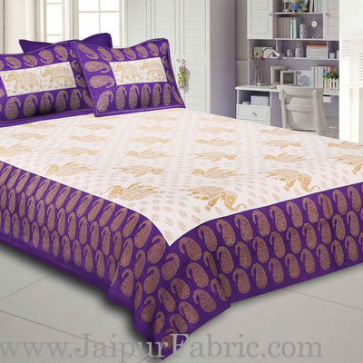Purple Border Elephant Golden Print Cotton Double Bedsheet With Pillow Cover
