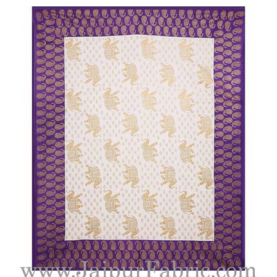 Purple Border Elephant Golden Print Cotton Double Bedsheet With Pillow Cover