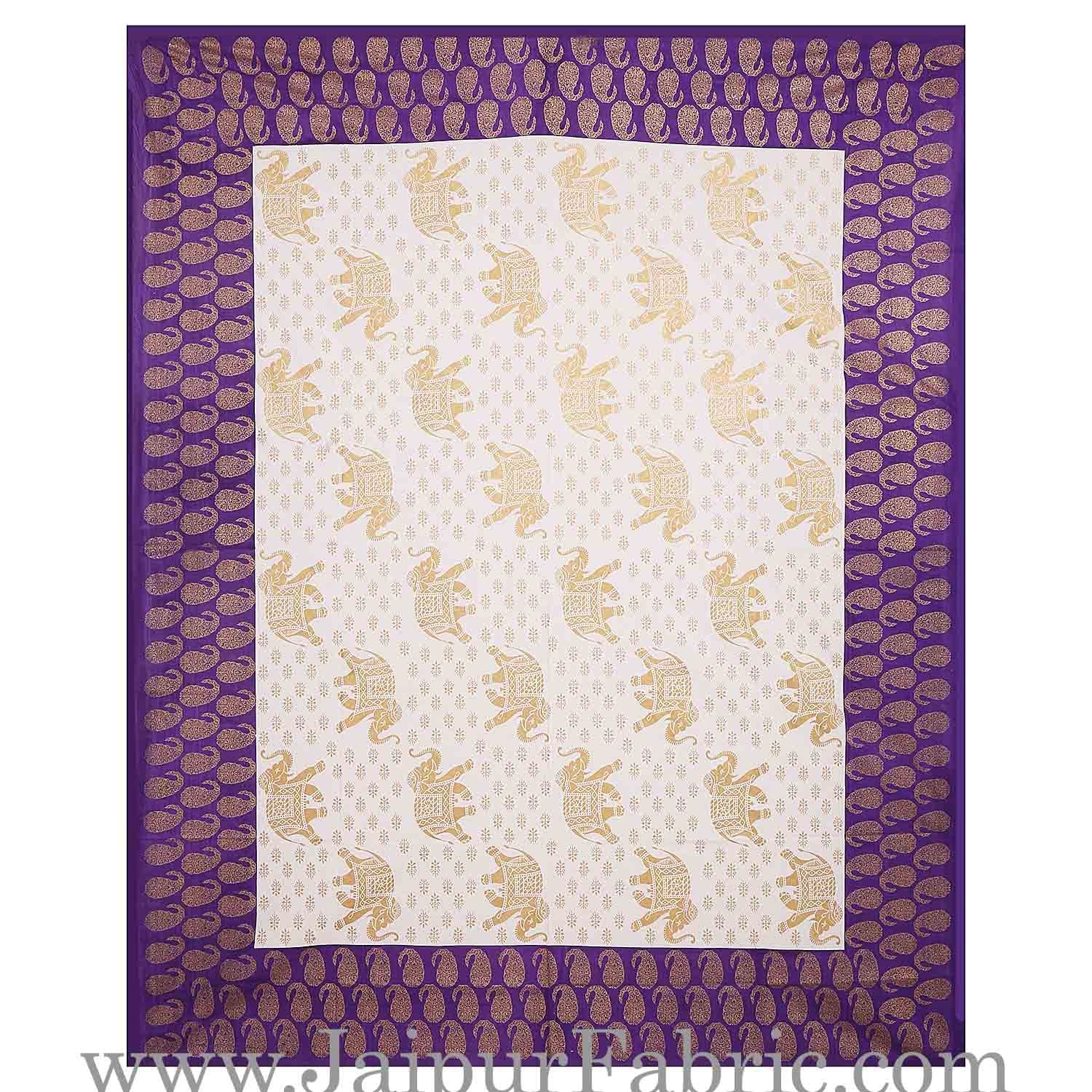 Purple Border Elephant Golden Print Cotton Double Bedsheet With Pillow Cover