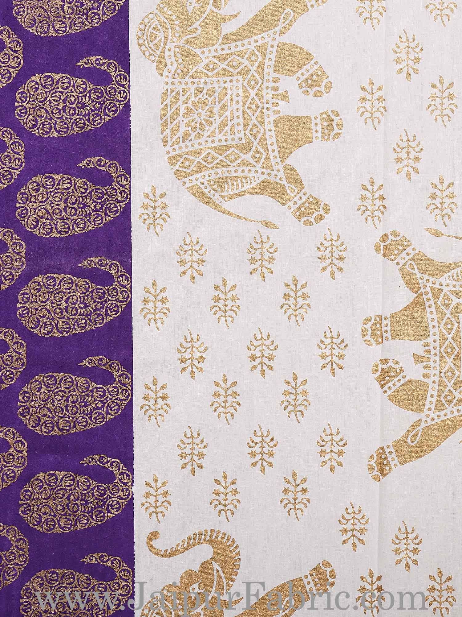 Purple Border Elephant Golden Print Cotton Double Bedsheet With Pillow Cover