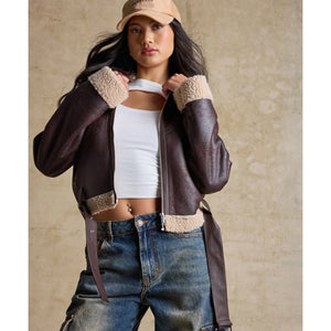 Cozy Sleek Faux Shearling Trim Moto Jacket