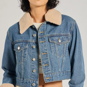 Trendy Faux Sherpa Trimmed Denim Trucker Jacket