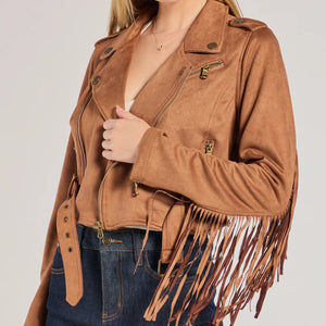 Western Chic Flair Faux Suede Fringe Moto Jacket