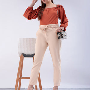 Women's Beige Slim Solid Elasticated Ruffle Waist Trouser