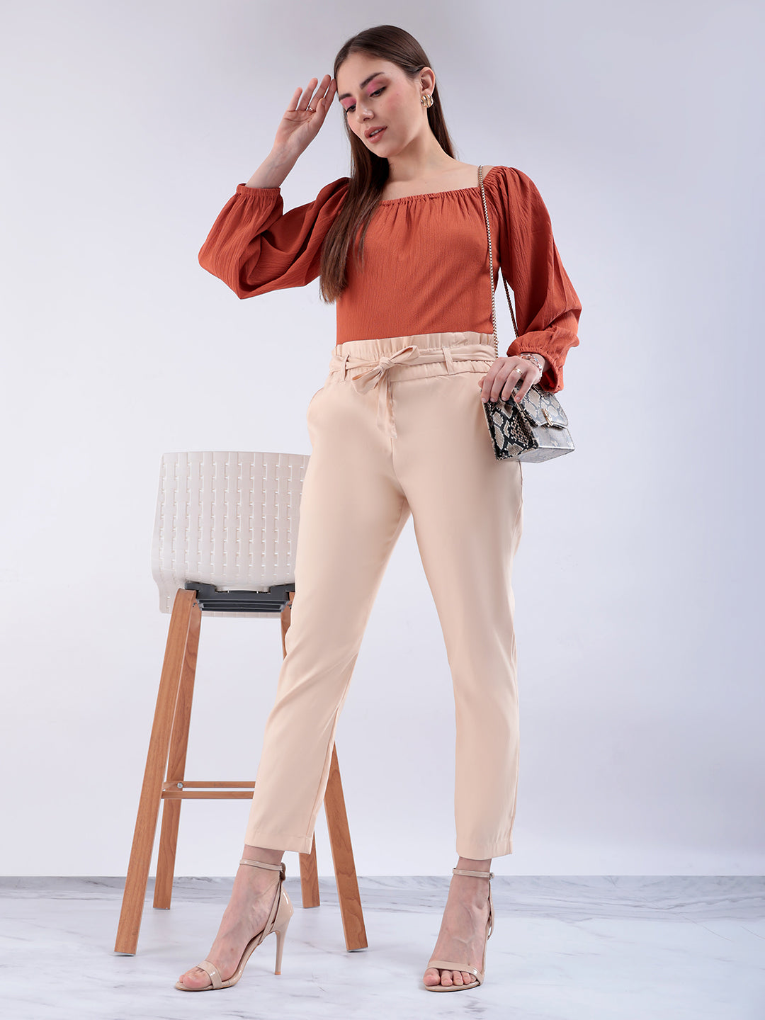 Women's Beige Slim Solid Elasticated Ruffle Waist Trouser