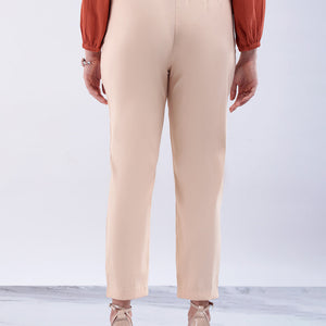 Women's Beige Slim Solid Elasticated Ruffle Waist Trouser