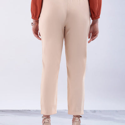 Women's Beige Slim Solid Elasticated Ruffle Waist Trouser