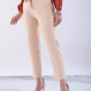 Women's Beige Slim Solid Elasticated Ruffle Waist Trouser