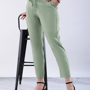 Women's Green Slim Solid Elasticated Ruffle Waist Trouser