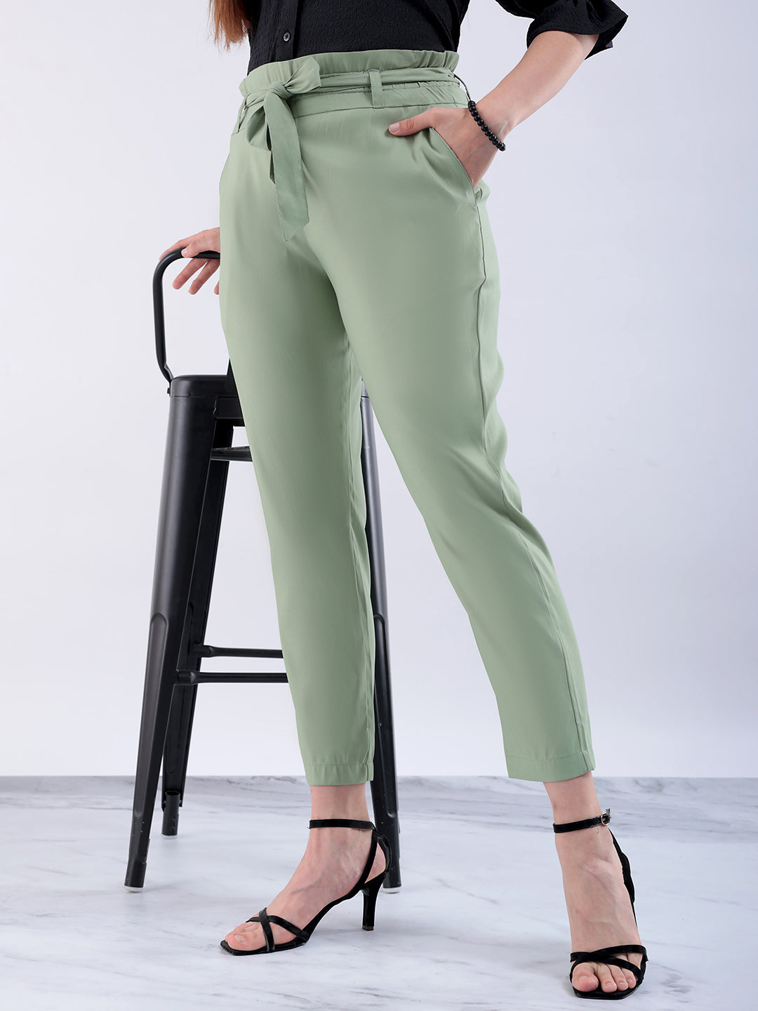 Women's Green Slim Solid Elasticated Ruffle Waist Trouser