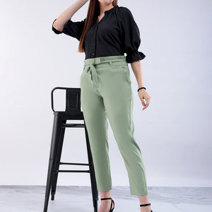 Women's Green Slim Solid Elasticated Ruffle Waist Trouser