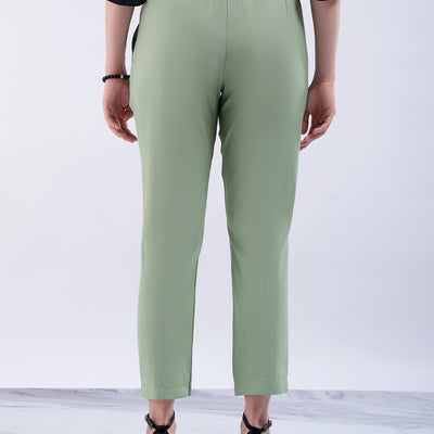 Women's Green Slim Solid Elasticated Ruffle Waist Trouser
