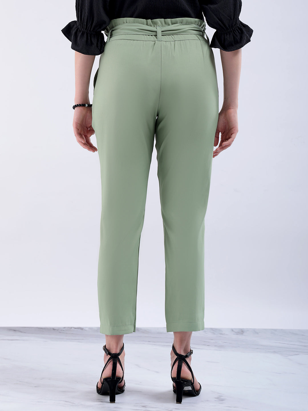 Women's Green Slim Solid Elasticated Ruffle Waist Trouser