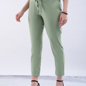 Women's Green Slim Solid Elasticated Ruffle Waist Trouser