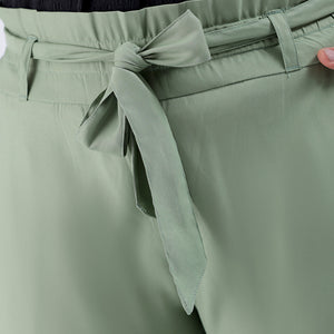 Women's Green Slim Solid Elasticated Ruffle Waist Trouser