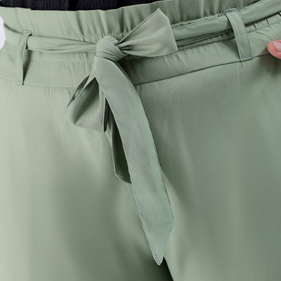 Women's Green Slim Solid Elasticated Ruffle Waist Trouser
