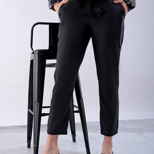 Women's Black Slim Solid Elasticated Ruffle Waist Trouser