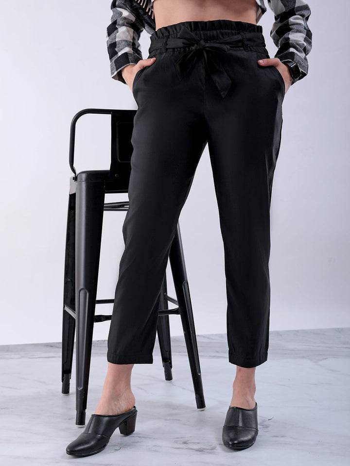 Women's Black Slim Solid Elasticated Ruffle Waist Trouser