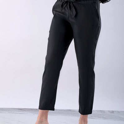 Women's Black Slim Solid Elasticated Ruffle Waist Trouser