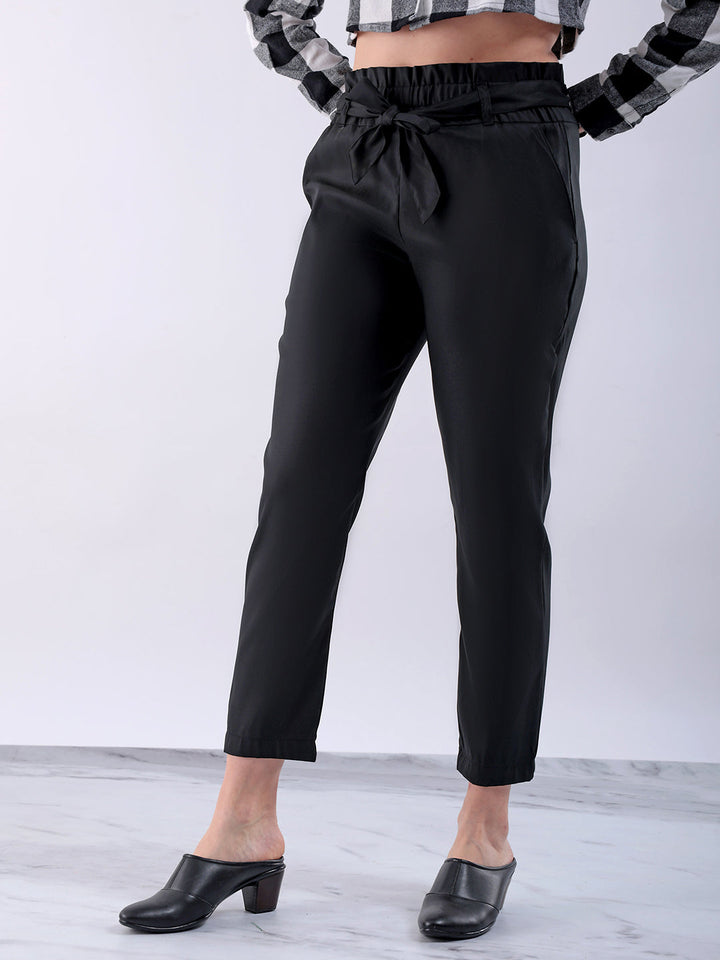 Women's Black Slim Solid Elasticated Ruffle Waist Trouser