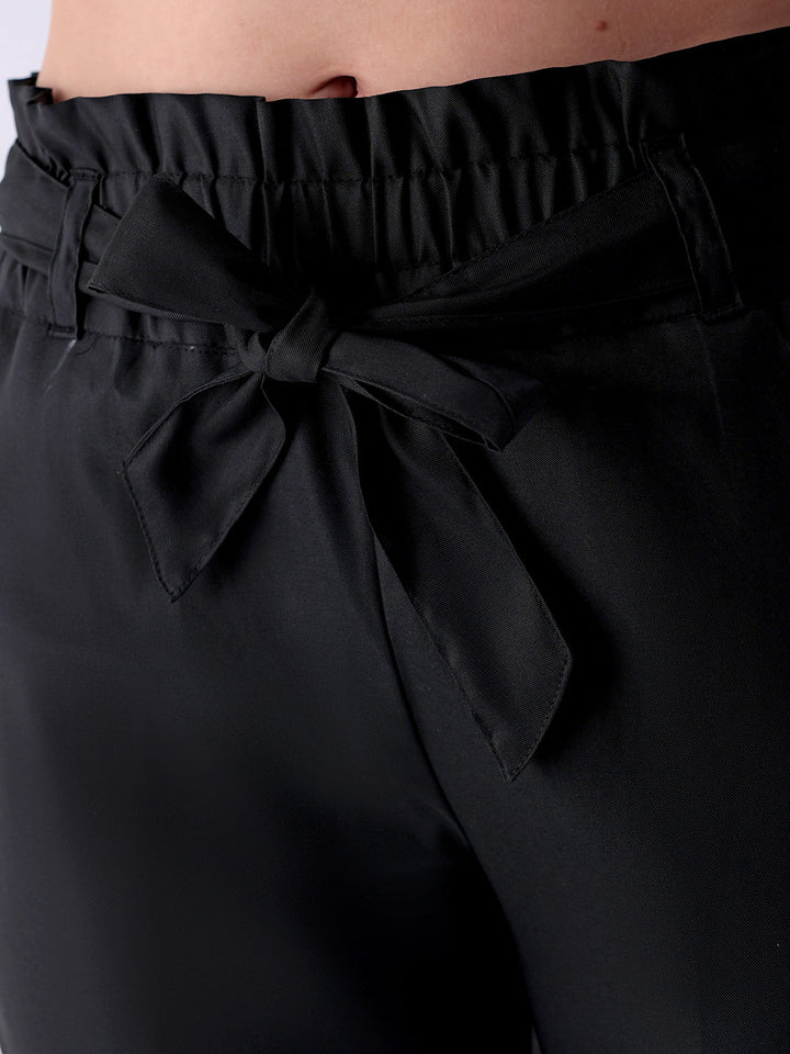 Women's Black Slim Solid Elasticated Ruffle Waist Trouser